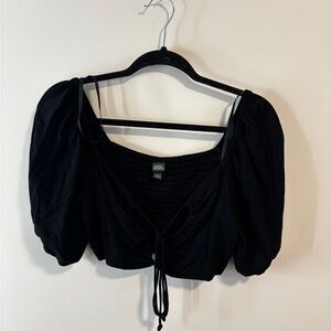 Black Puff-Sleeve Crop Top with Tie Front